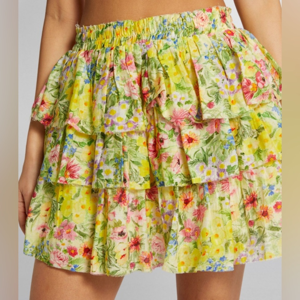 LoveShackFancy Floral Brynlee Tiered Mini Skirt in Rainbow Skies Floral Print
